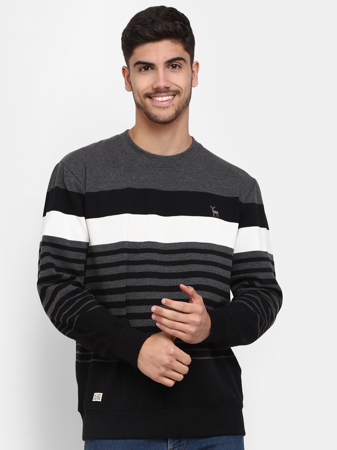 

V-Mart Men Striped Cotton Sweatshirt, Grey