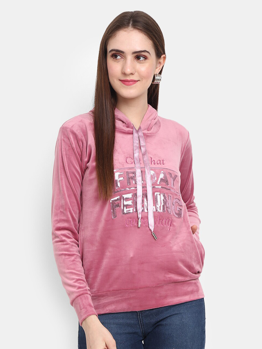 

V-Mart Women Printed Hooded Sweatshirt, Pink
