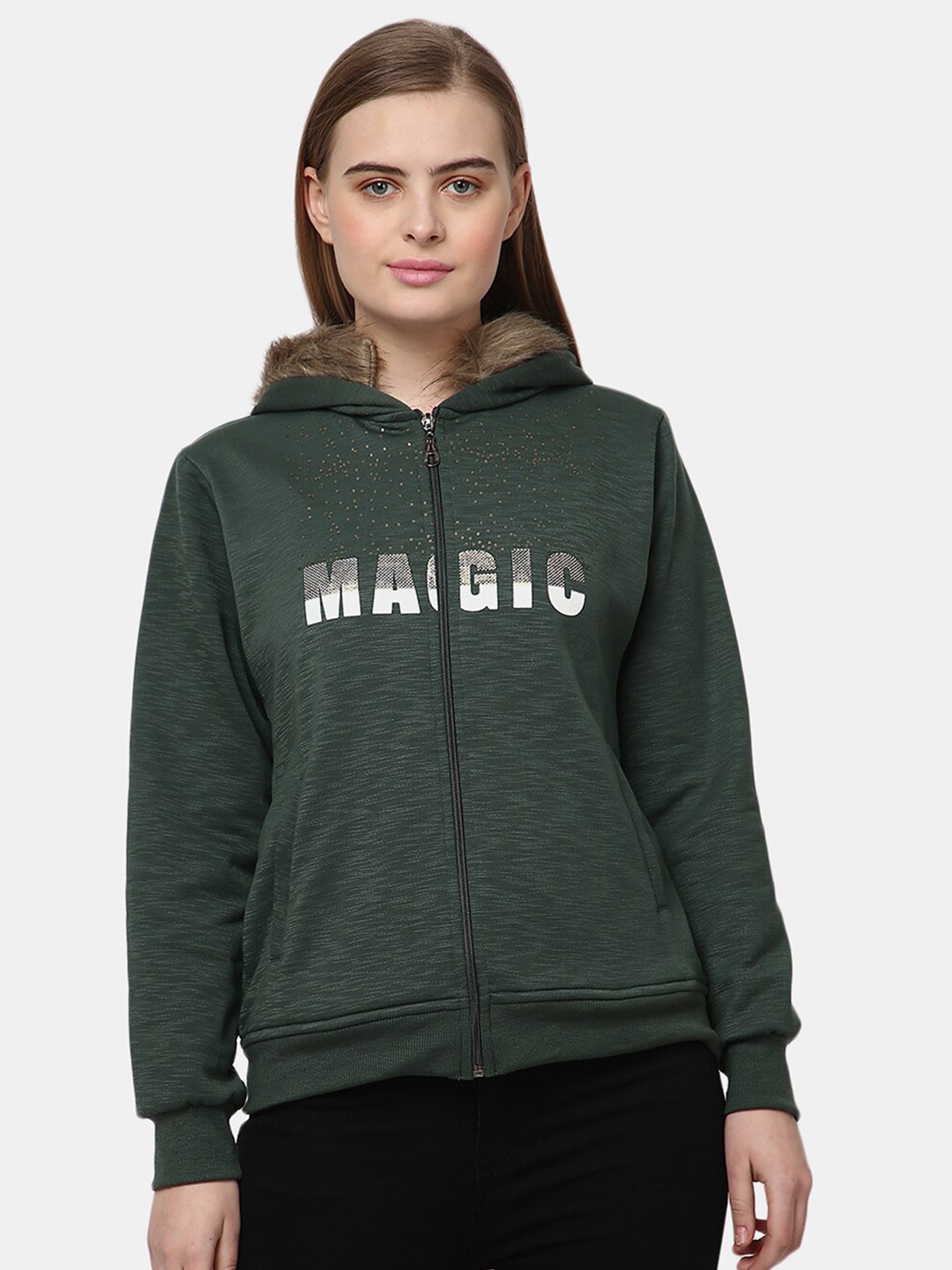 

V-Mart Women Printed Cotton Hooded Sweatshirt, Green