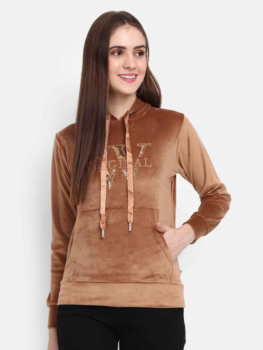 

V-Mart Women Embroidered Cotton Hooded Sweatshirt, Tan