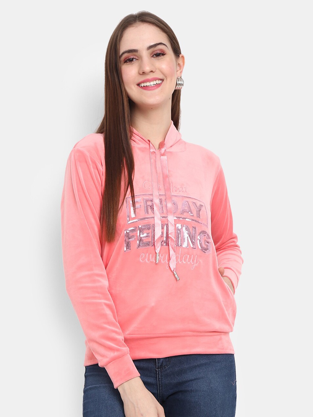 

V-Mart Women Printed Cotton Hooded Sweatshirt, Pink