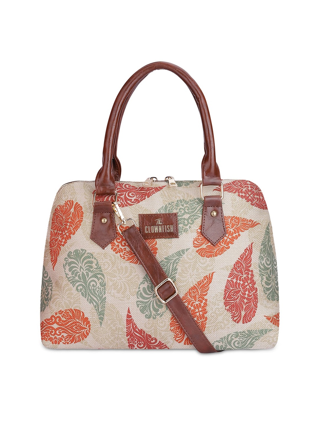 

THE CLOWNFISH Ethnic Motifs Printed Structured Handheld Bag, Cream