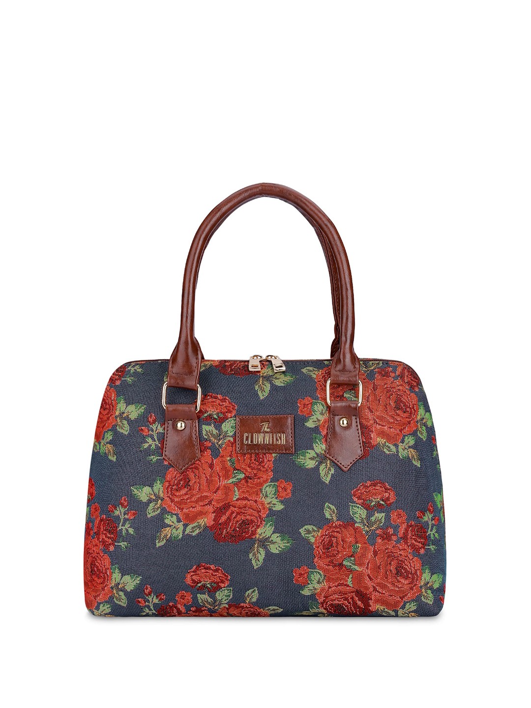 

THE CLOWNFISH Floral Printed Structured Handheld Bag, Navy blue