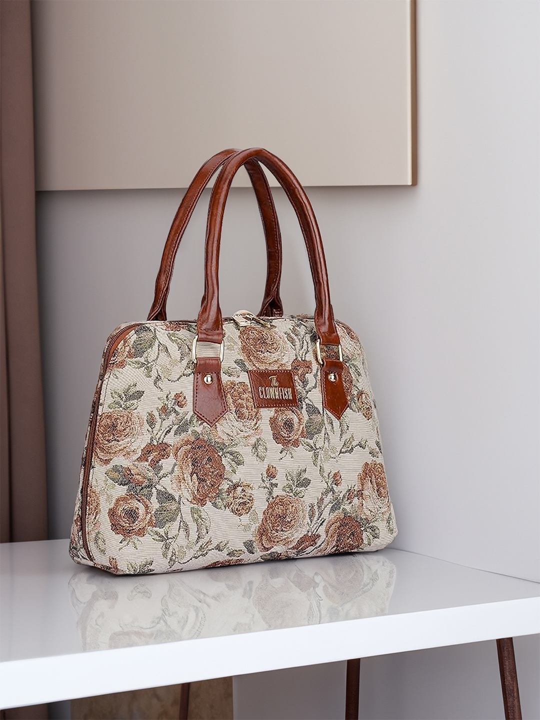 

THE CLOWNFISH Montana Floral Printed Structured Handheld Bag, Brown