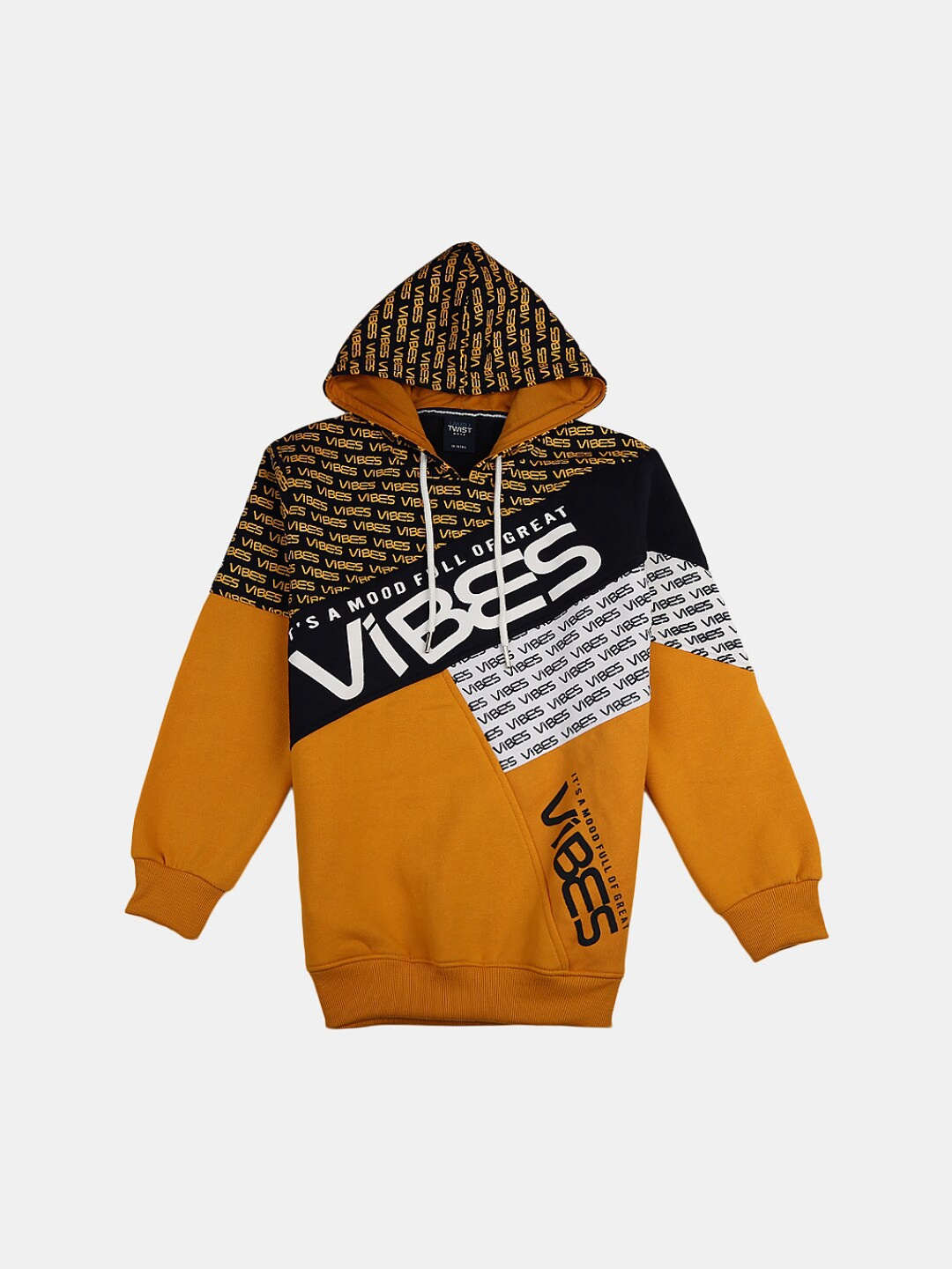 

V-Mart Boys Printed Cotton Hooded Sweatshirt, Mustard