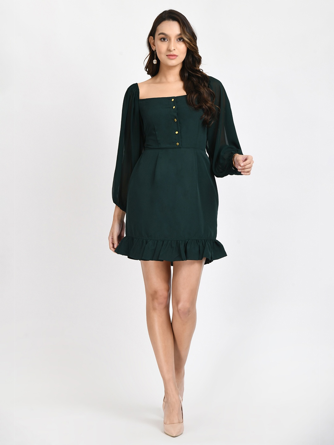 

V&M Crepe Sheath Puff Sleeves Dress, Green