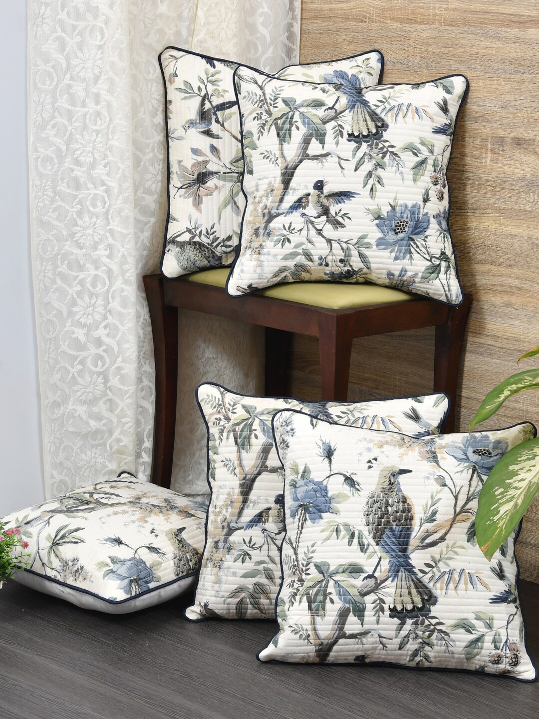 

Clasiko White & Blue Set of 5 Floral Cotton Square Cushion Covers