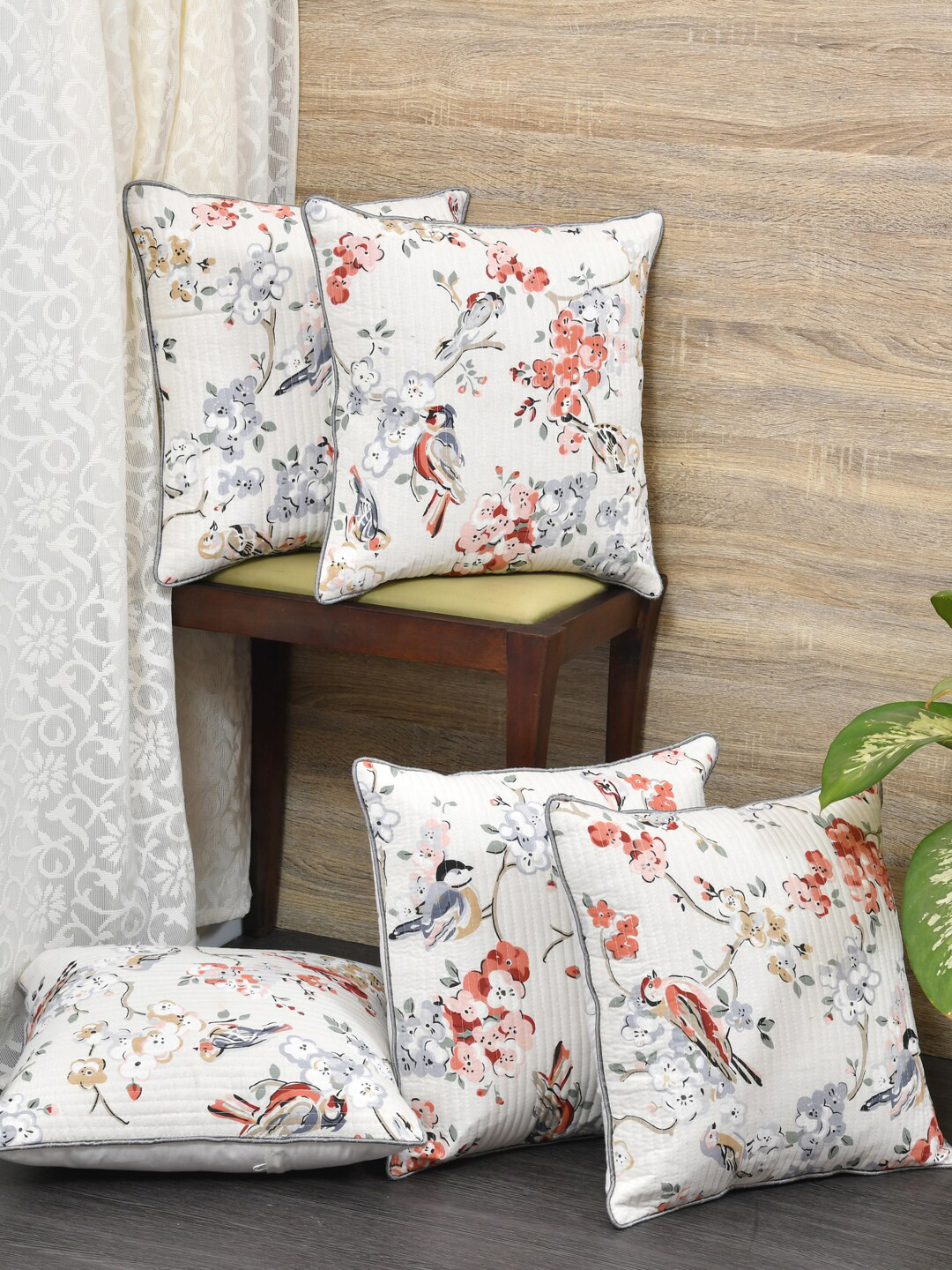

Clasiko Grey & White Set of 5 Floral Cotton Square Cushion Covers