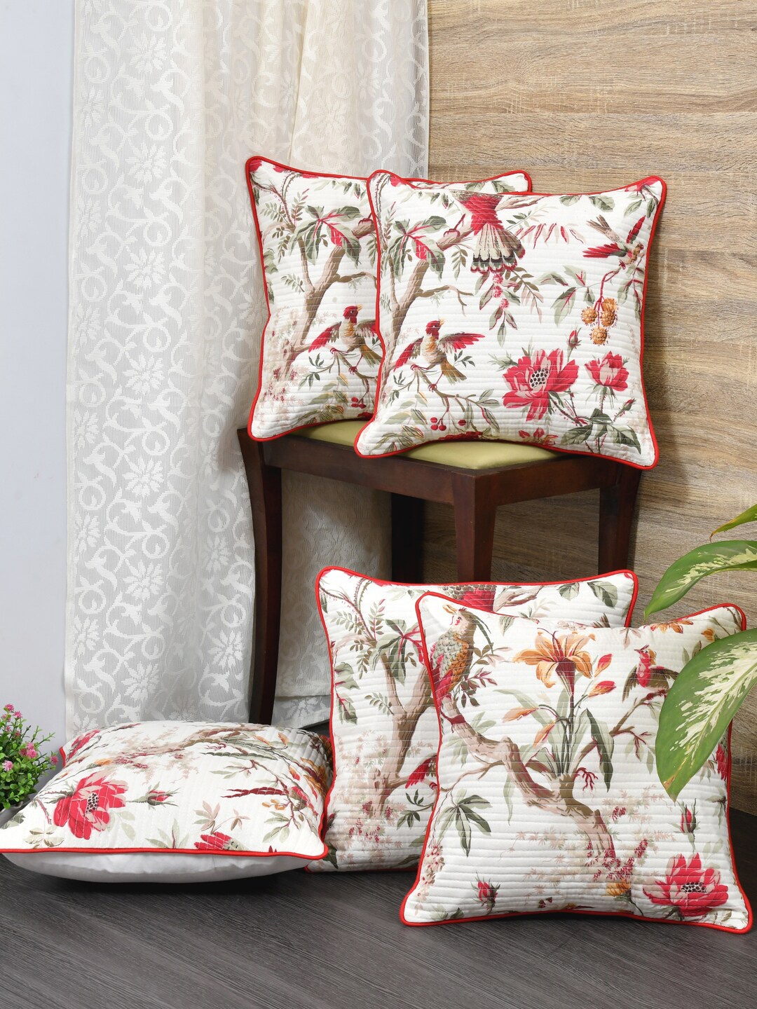 

Clasiko Red & White Set of 5 Floral Printed Square Cotton Cushion Covers