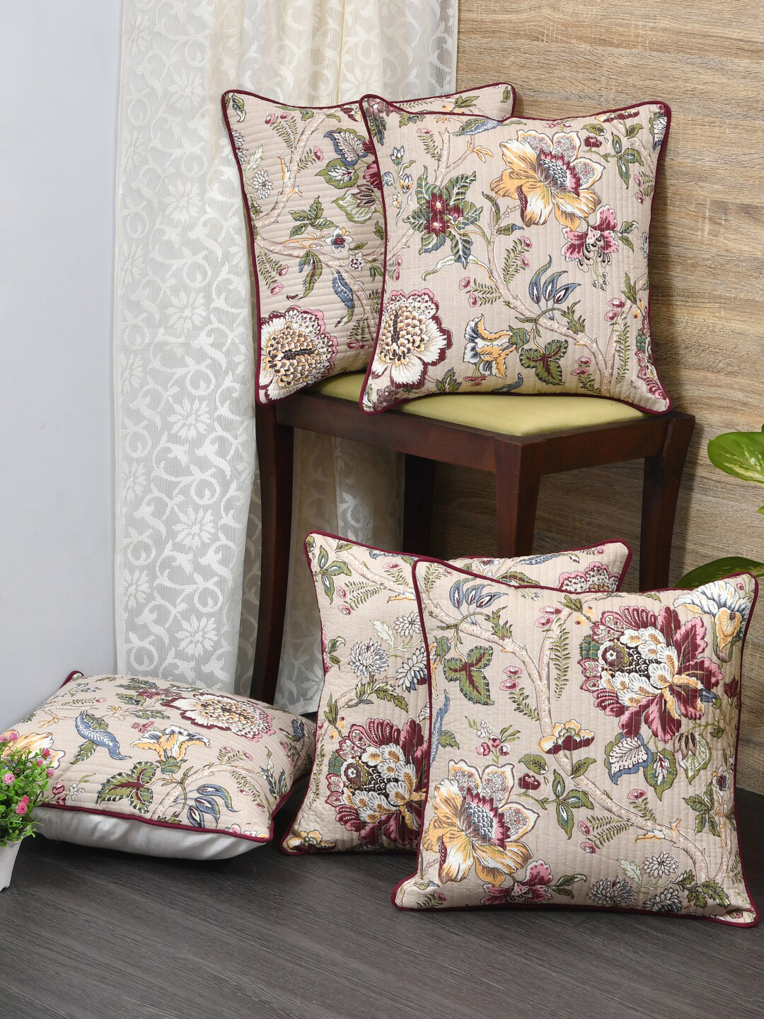 

Clasiko Beige & Purple Set of 5 Floral Cotton Square Cushion Covers