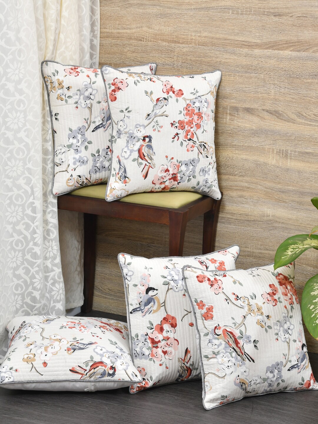 

Clasiko White & Grey Set Of 5 Floral Printed Square Cushion Covers