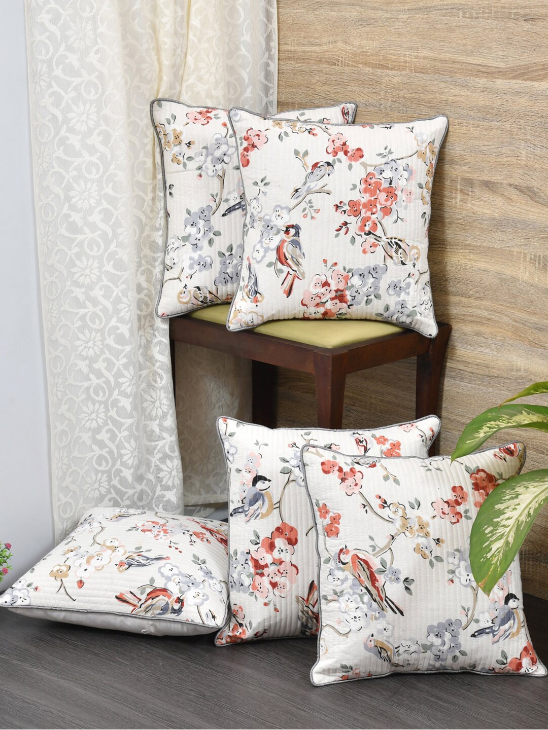 

Clasiko Cream-Coloured & Grey Set of 5 Floral Cotton Square Cushion Covers