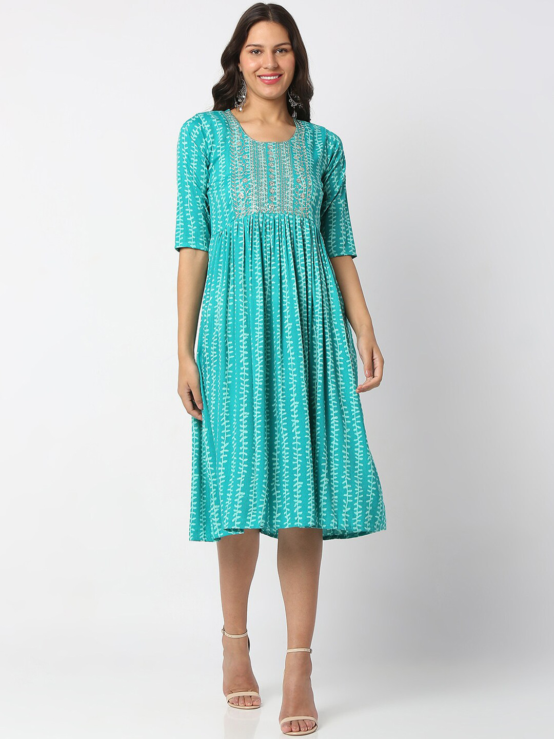 

SALWAR STUDIO Round Neck Ethnic Motifs Printed A-Line Cotton Dress, Turquoise blue