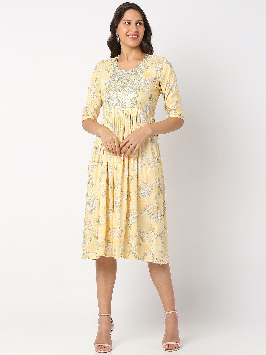 

SALWAR STUDIO Round Neck Floral Printed A-Line Cotton Dress, Yellow