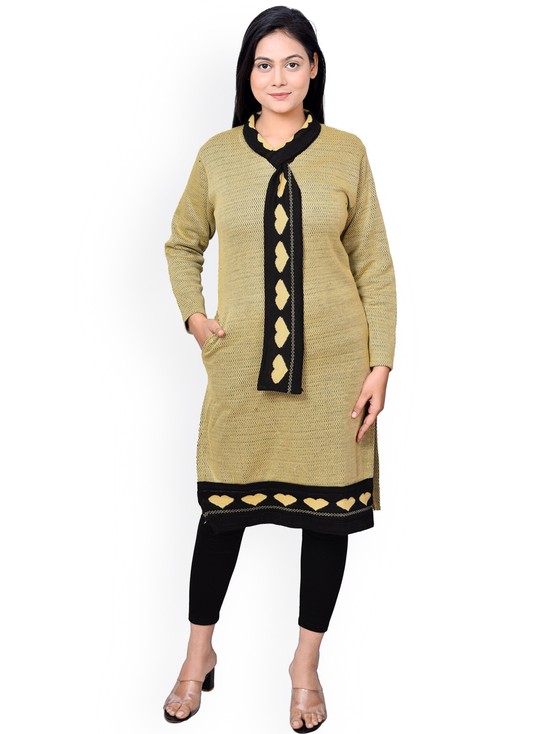 

ahhaaaa Geometric Printed Shawl Neck Handloom Kurta, Yellow