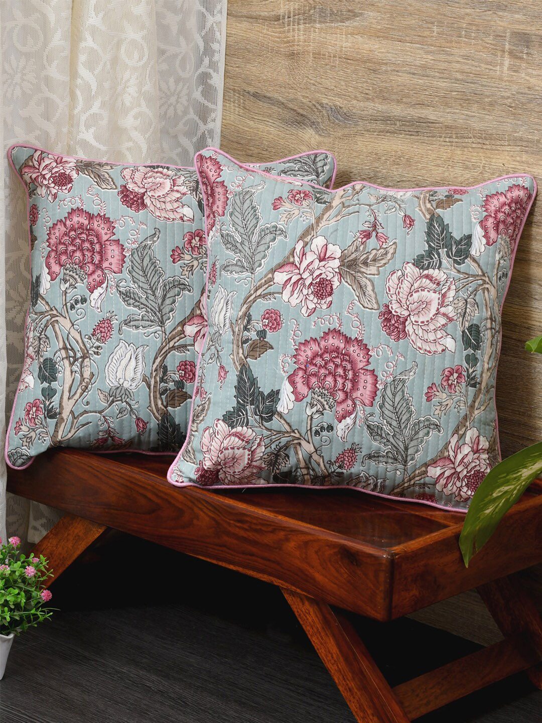 

Clasiko Blue & Pink Set of 2 Floral Cotton Square Cushion Covers