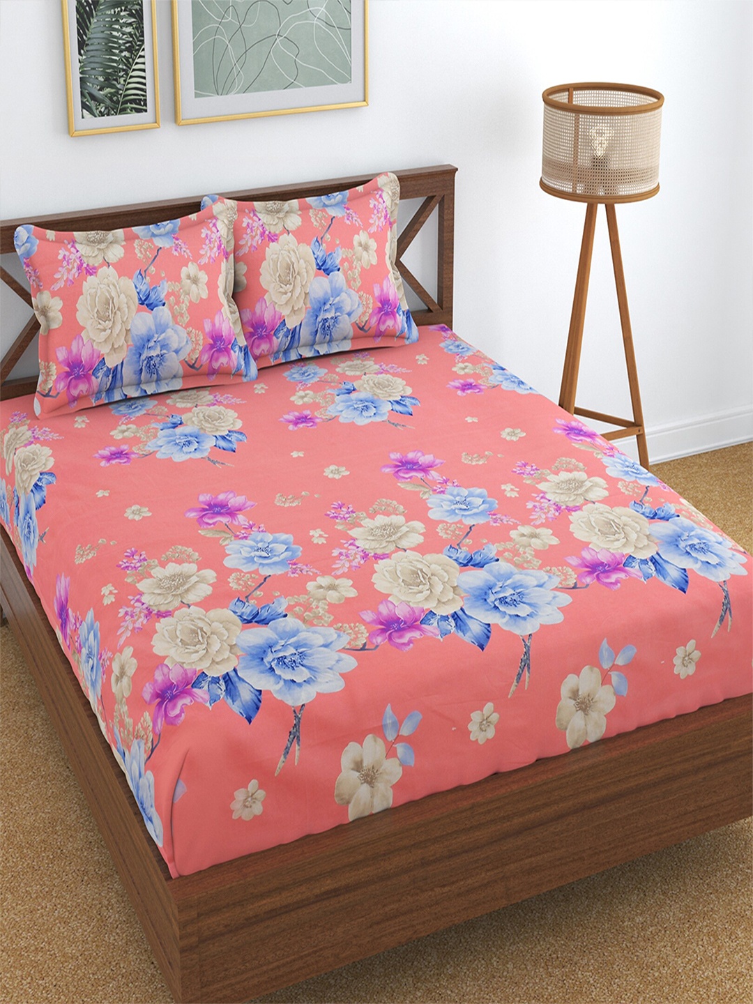 

Hammer Home Pink & Blue Floral 200 TC King Bedsheet with 2 Pillow Covers