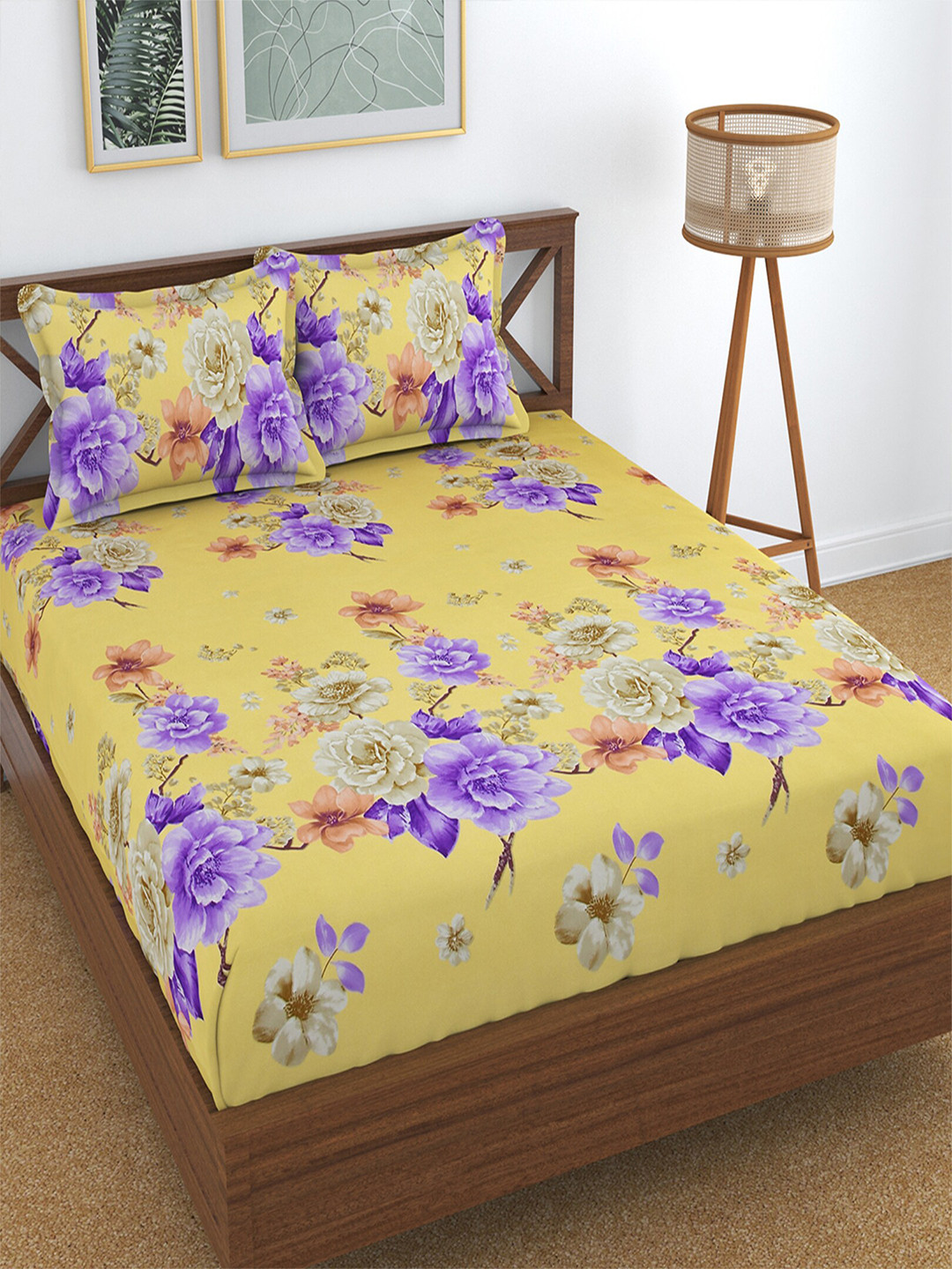 

Hammer Home Yellow & Beige Floral 200 TC King Bedsheet with 2 Pillow Covers
