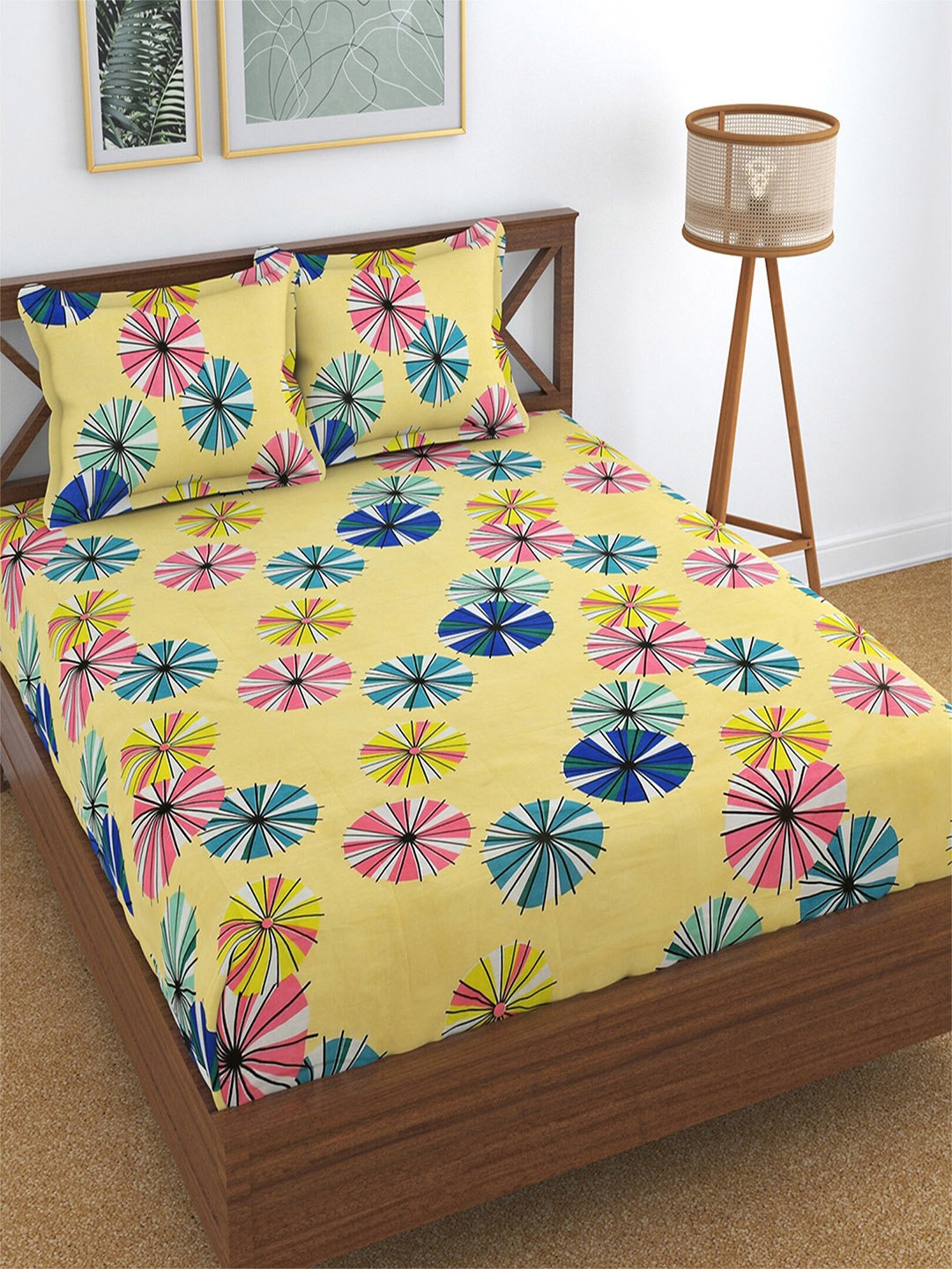 

Hammer Home Yellow & Blue Floral 200 TC King Bedsheet with 2 Pillow Covers