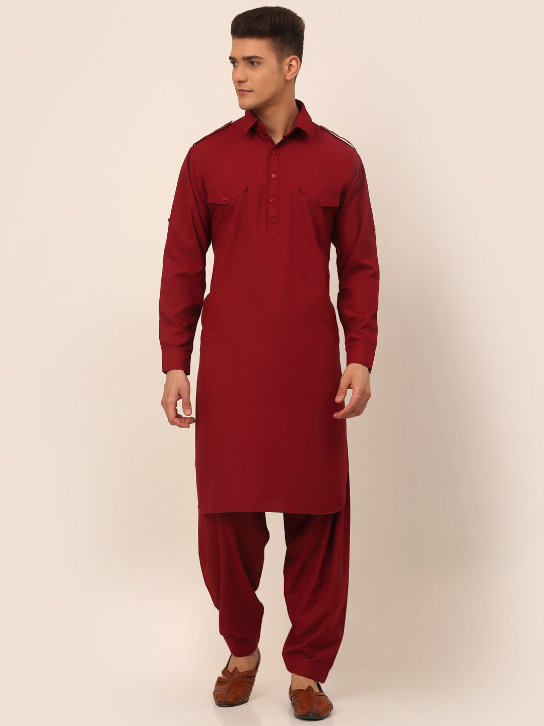 

Jompers Men Pathani Pure Cotton Kurta with Pyjamas, Maroon