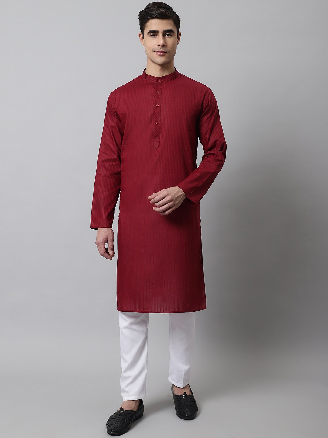 

Jompers Men Striped Pure Cotton Kurta with Pyjamas, Maroon