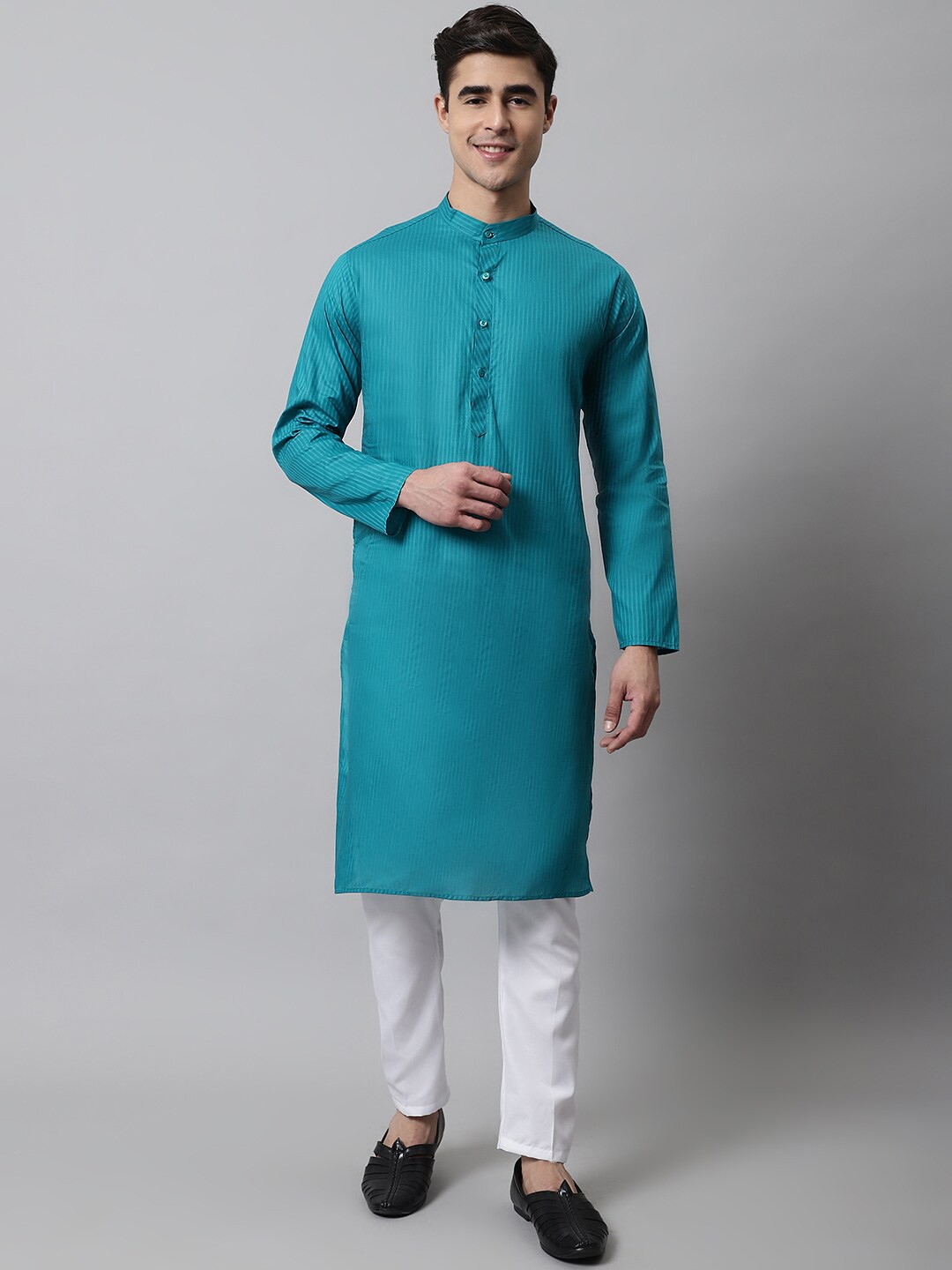 

Jompers Men Striped Pure Cotton Kurta with Pyjamas, Turquoise blue
