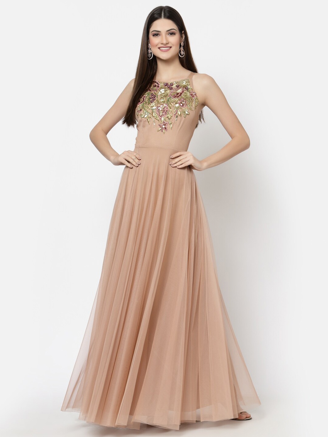 

Just Wow Sequins Embellished Net Tulle Maxi Fit & Flare Dress, Beige