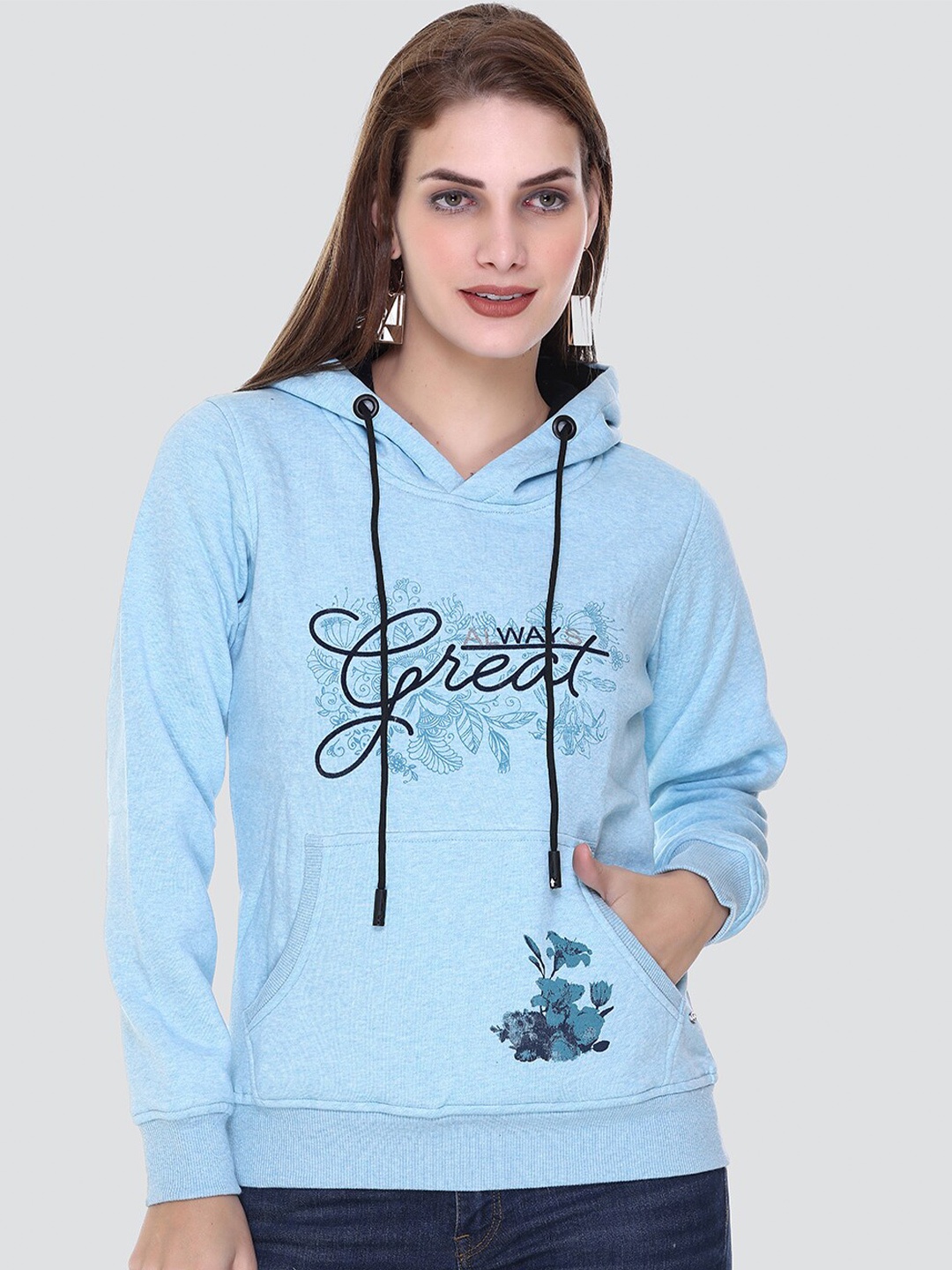 

PEPLS Women Printed Fleece Hooded Sweatshirt, Blue