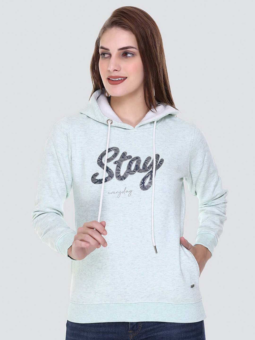 

PEPLS Women Printed Fleece Hooded Sweatshirt, Sea green