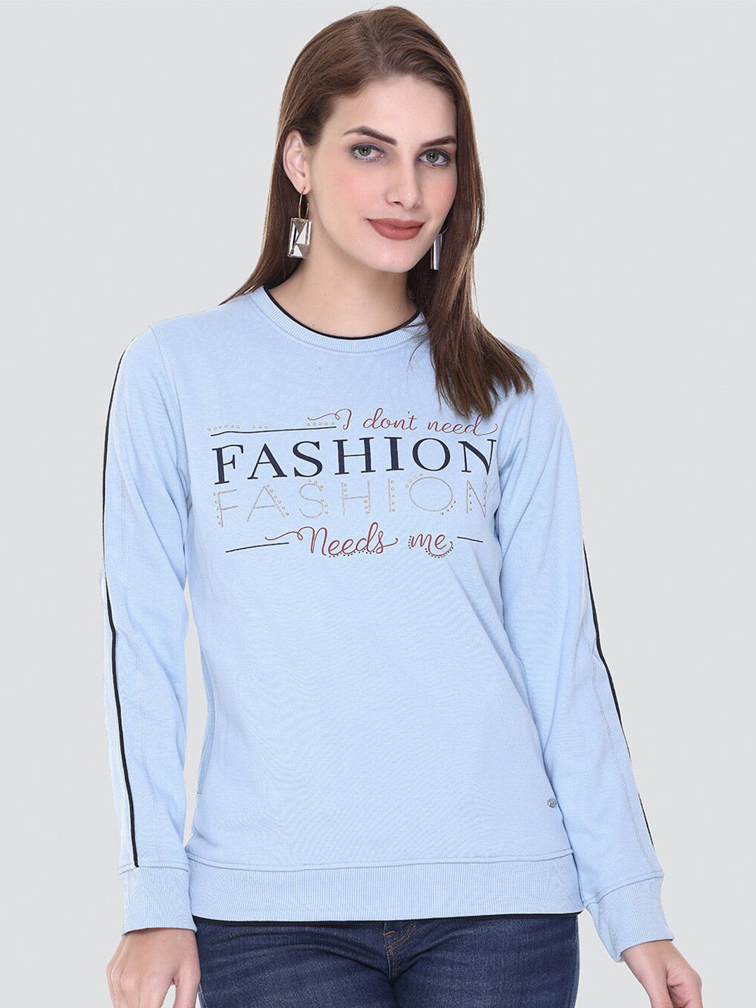 

PEPLS Women Printed Fleece Sweatshirt, Turquoise blue