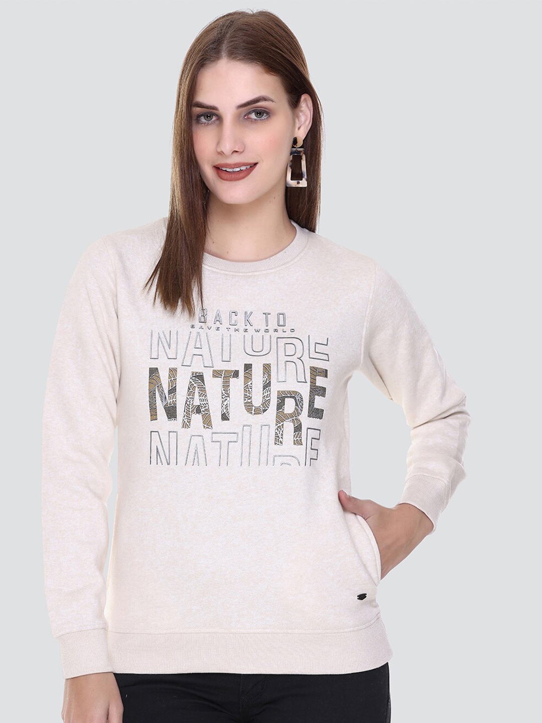

PEPLS Women Printed Cotton Fleece Girlish Sweatshirt, Nude