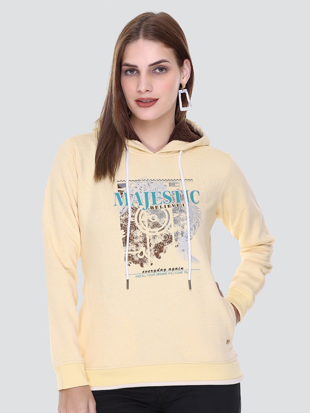 

PEPLS Women Printed Cotton Fleece Hooded Girlish Sweatshirt, Yellow