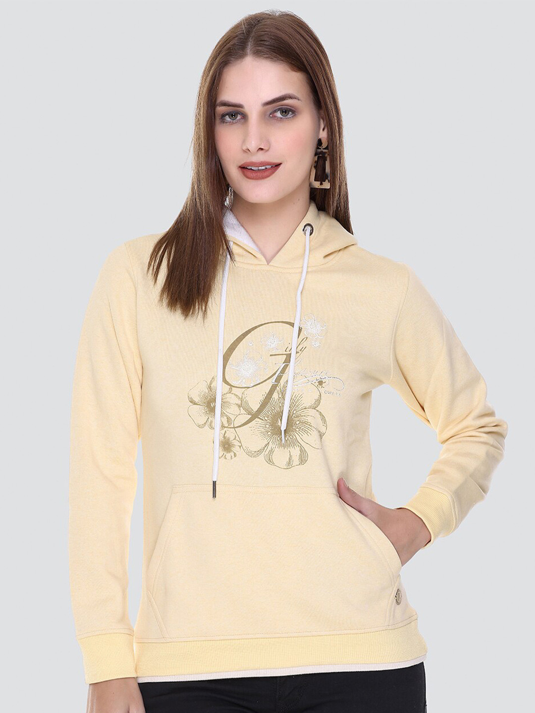 

PEPLS Women Printed Cotton Fleece Hooded Girlish Sweatshirt, Yellow