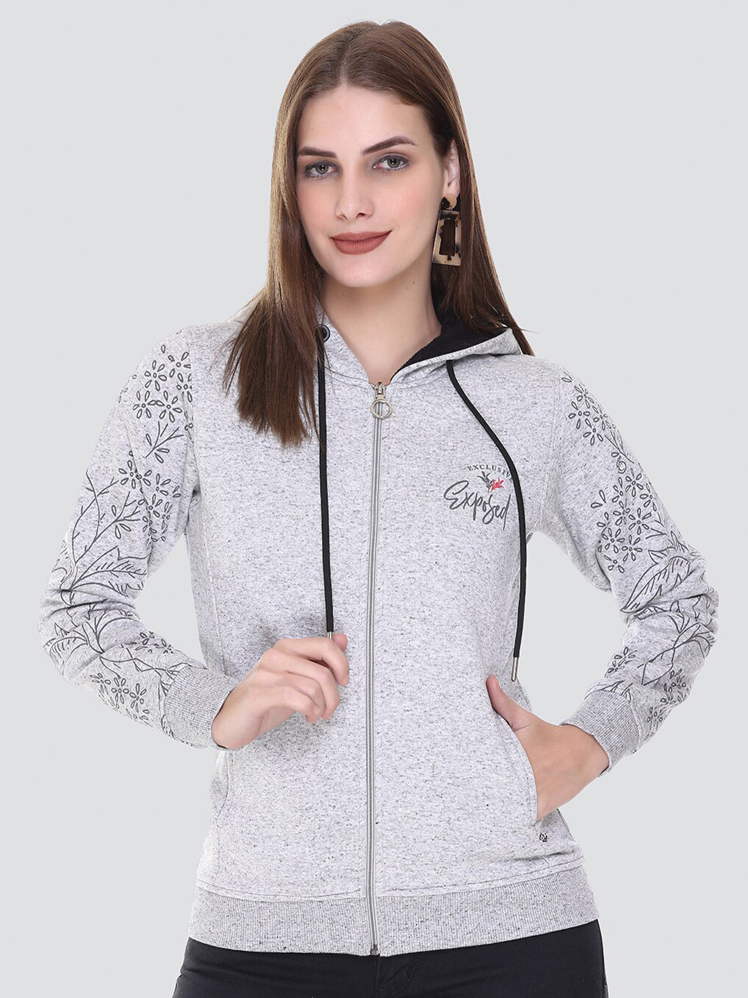 

PEPLS Women Printed Cotton Fleece Hooded Girlish Sweatshirt, Grey