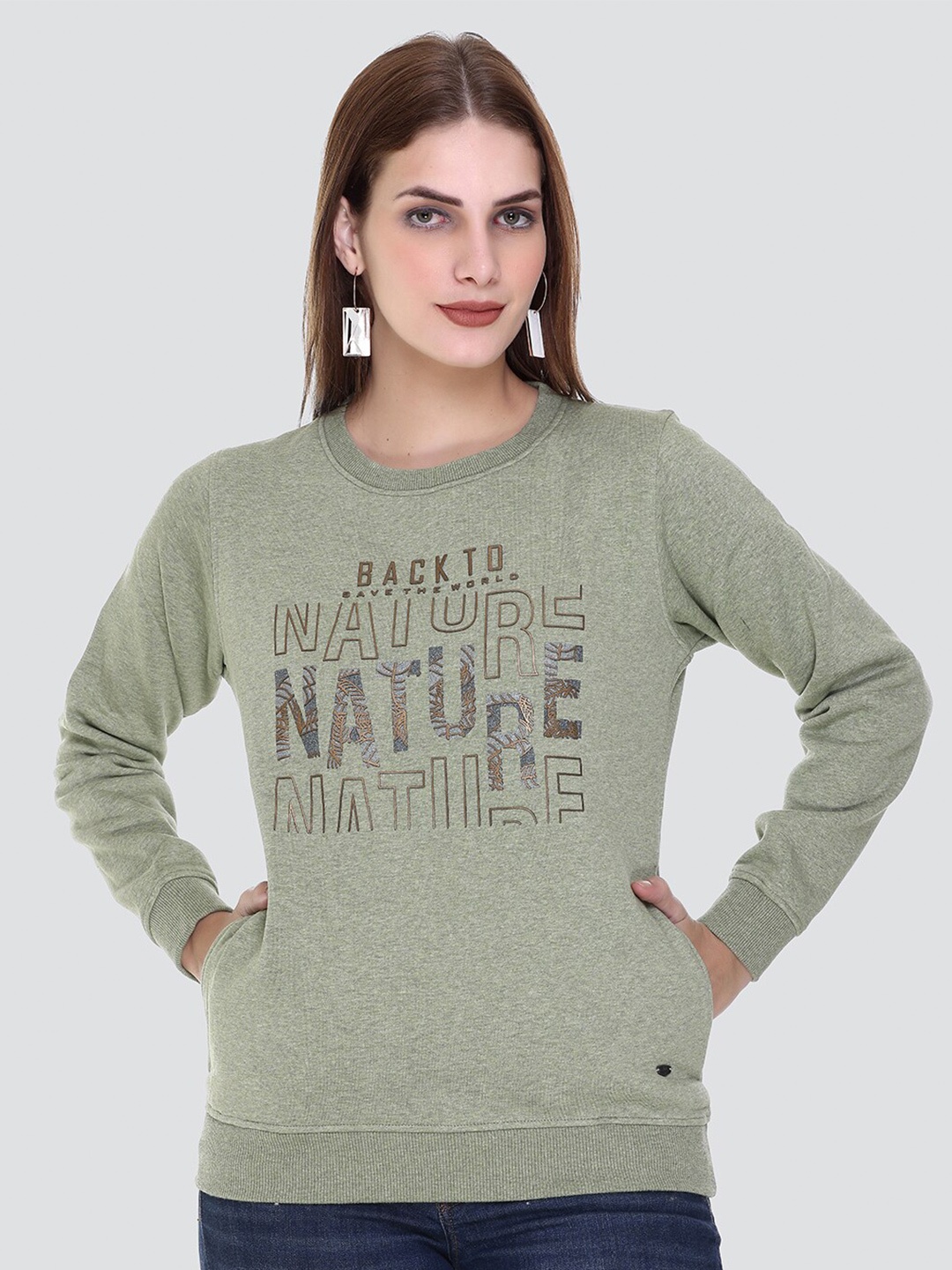

PEPLS Women Printed Cotton Fleece Girlish Sweatshirt, Green