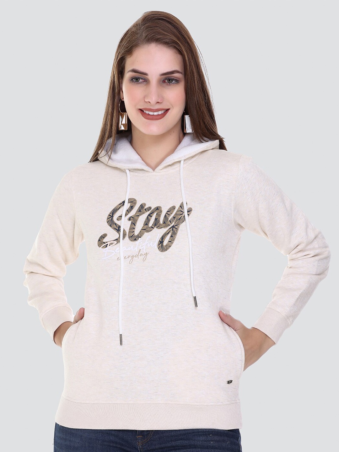 

PEPLS Women Printed Cotton Fleece Hooded Girlish Sweatshirt, Nude