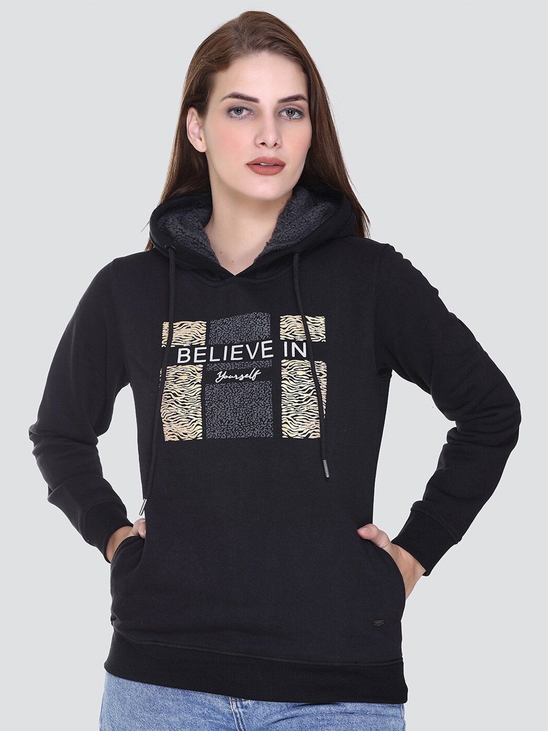 

PEPLS Women Printed Cotton Fleece Hooded Girlish Sweatshirt, Black