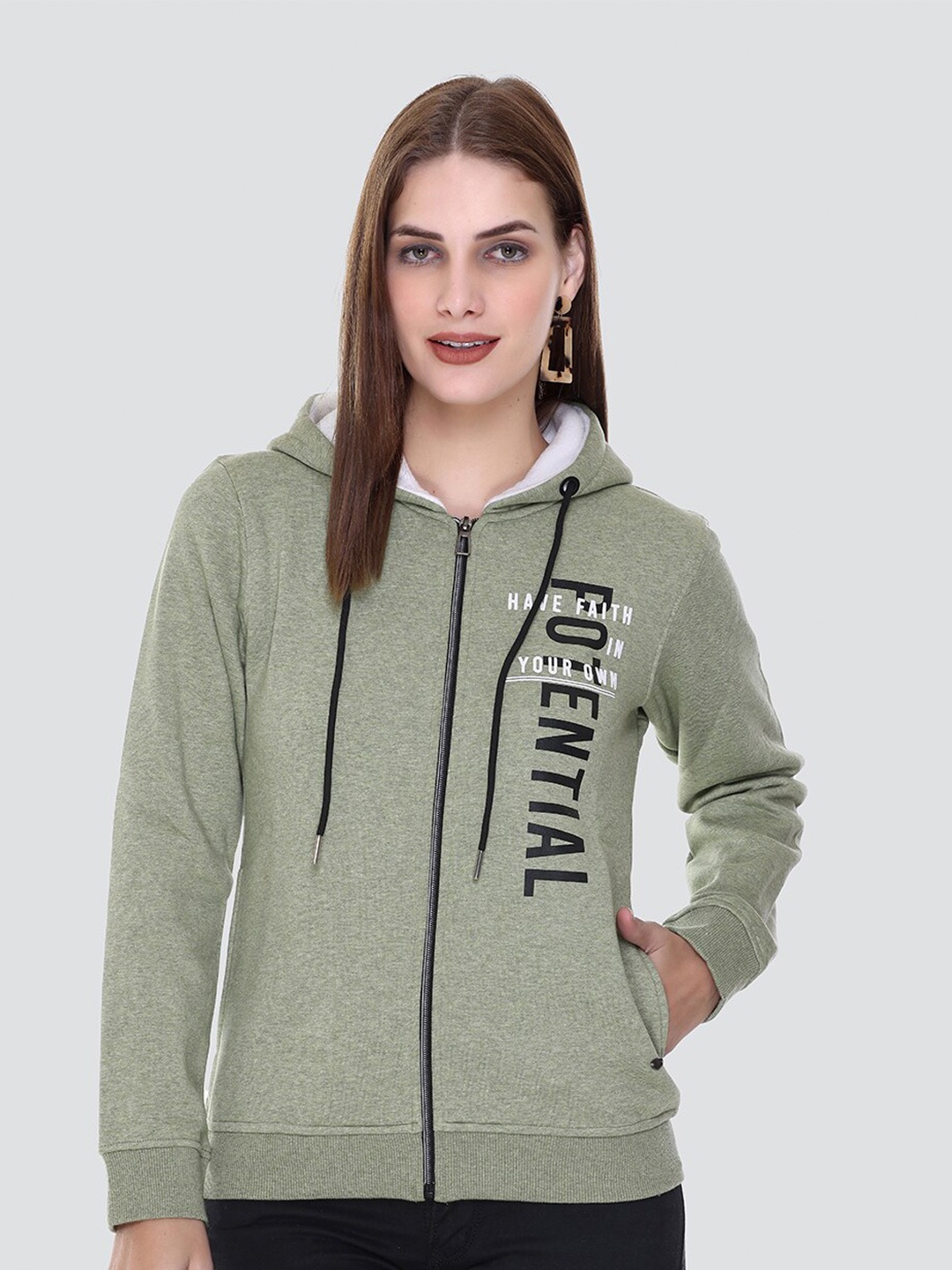 

PEPLS Women Printed Cotton Fleece Hooded Girlish Sweatshirt, Green