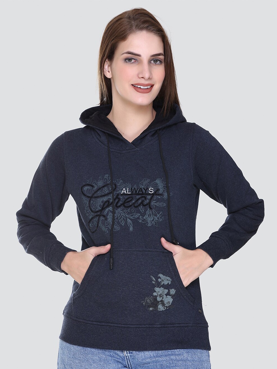 

PEPLS Women Printed Cotton Fleece Hooded Girlish Sweatshirt, Navy blue