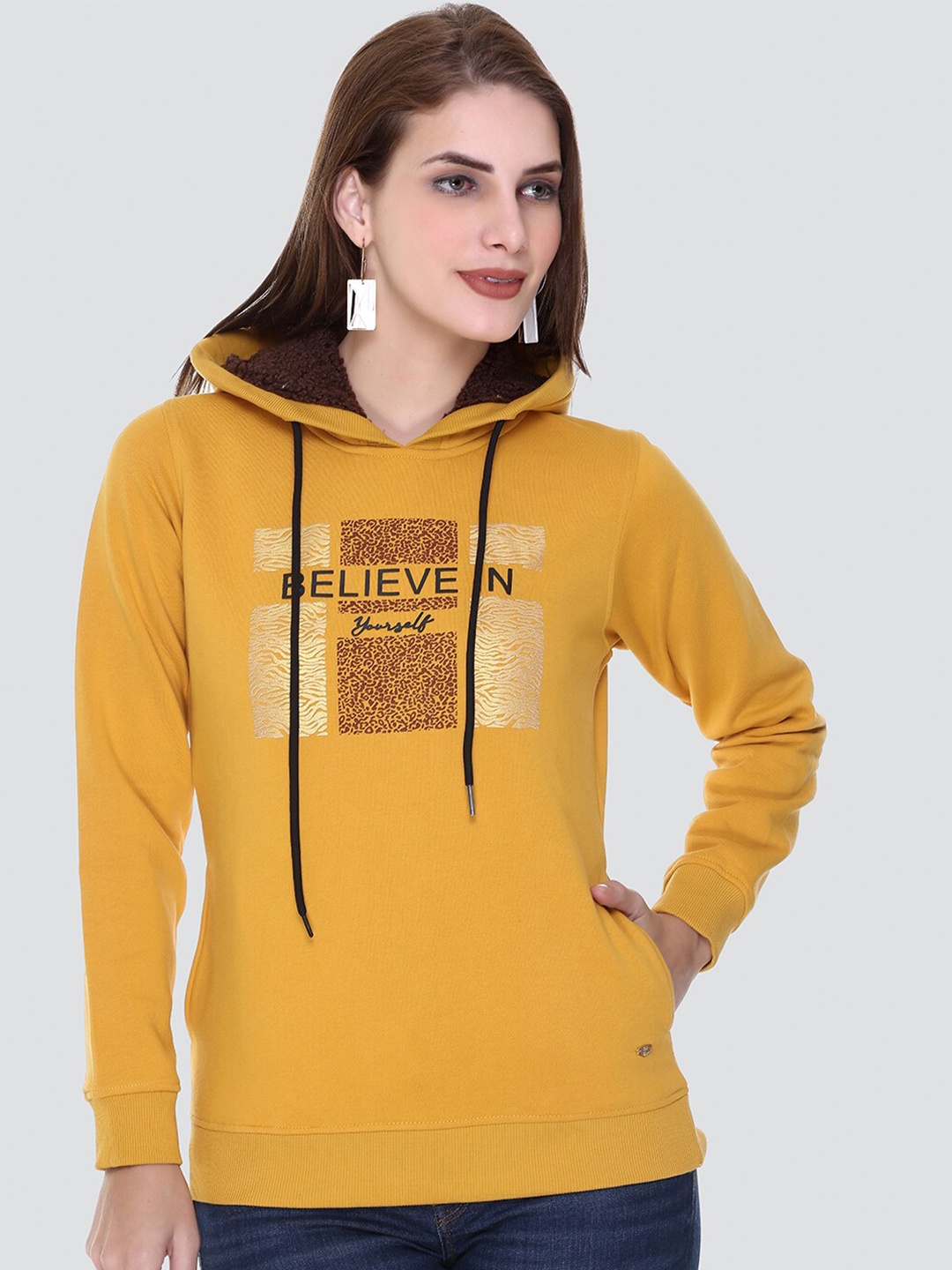 

PEPLS Women Printed Cotton Fleece Hooded Girlish Sweatshirt, Mustard