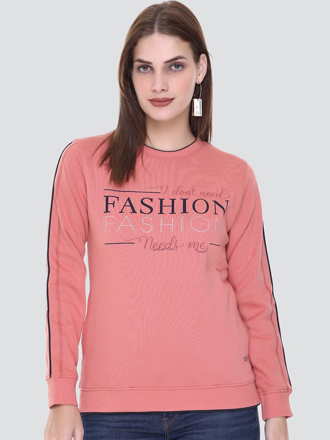 

PEPLS Women Printed Cotton Fleece Hooded Girlish Sweatshirt, Peach