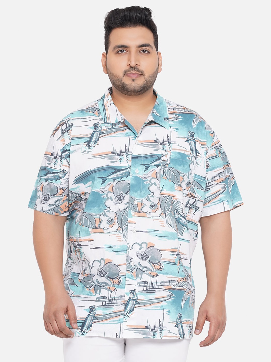 

Santonio Men Plus Size Cotton Comfort Floral Printed Casual Shirt, Blue