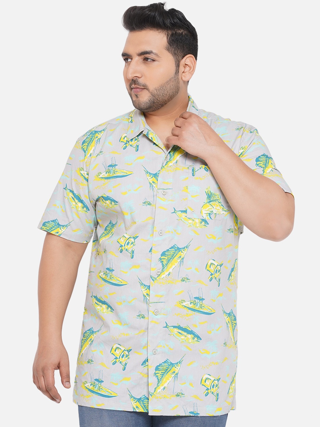 

Santonio Men Plus Size Cotton Comfort Printed Casual Shirt, Grey