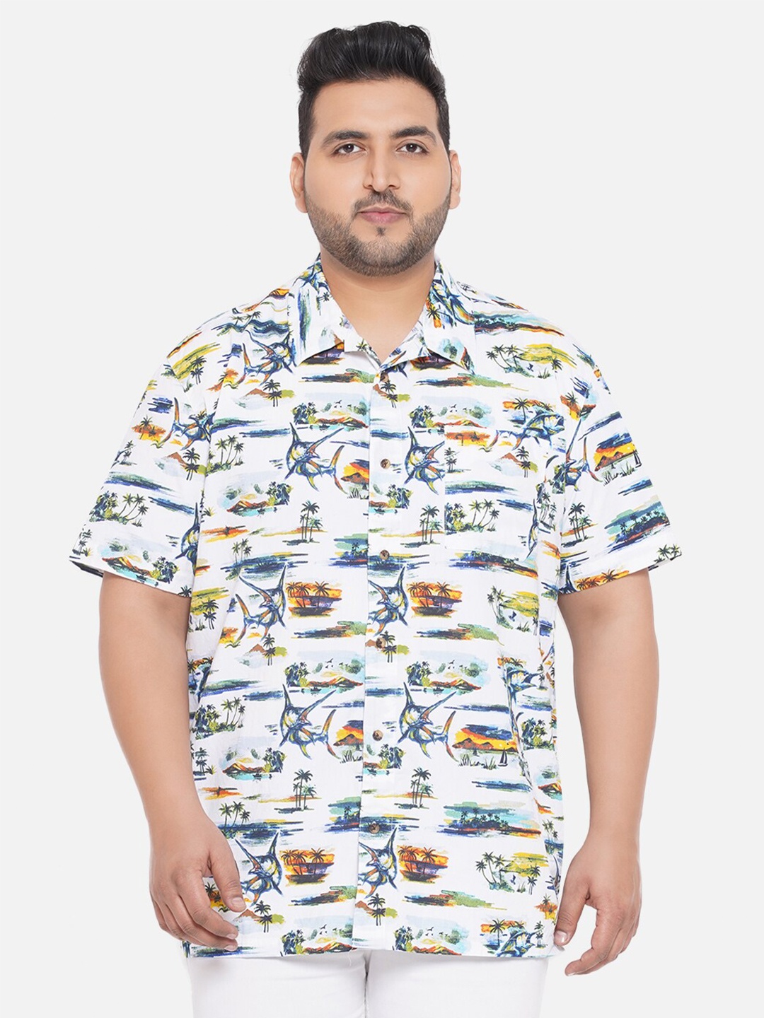 

Santonio Men Plus Size Cotton Comfort Printed Casual Shirt, White