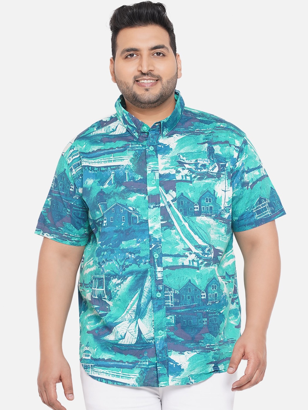 

Santonio Men Plus Size Cotton Comfort Floral Printed Casual Shirt, Blue