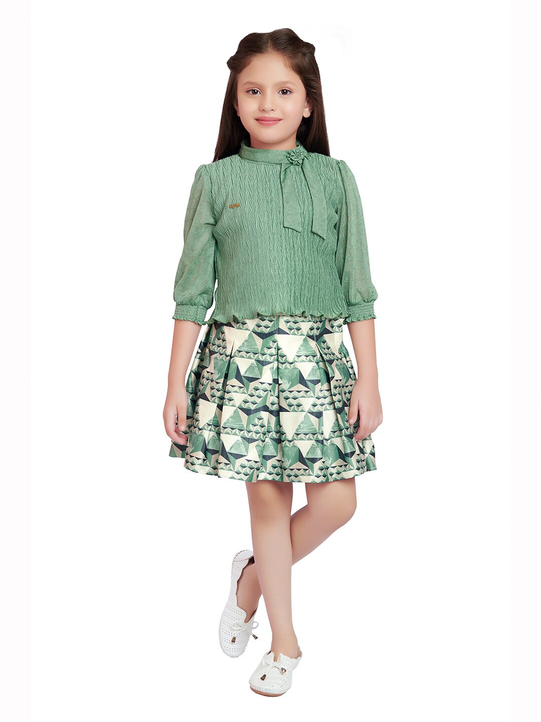 

Tiny Baby Girls Top With Printed Skirt, Green