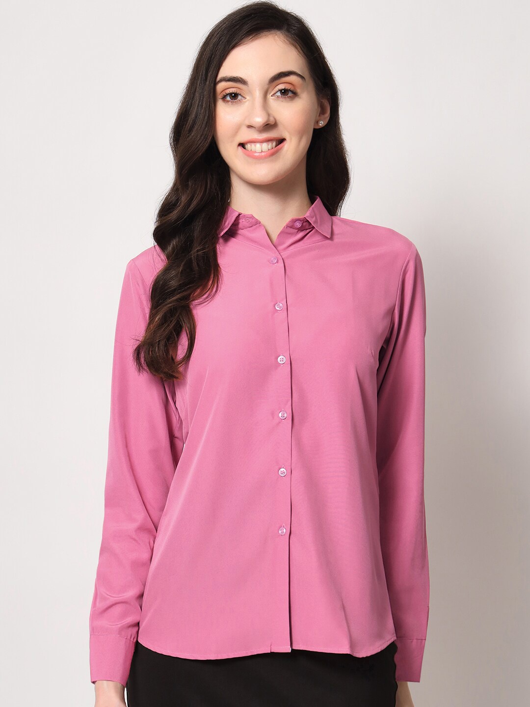 

Fbella Women Tailored Fit Spread Collar Casual Shirt, Pink