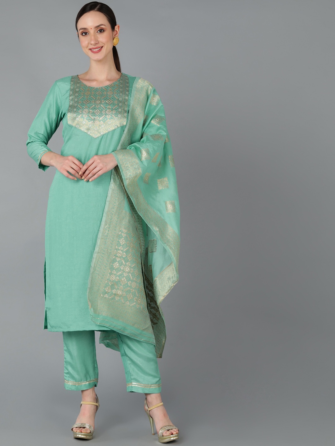 

AHIKA Women Ethnic Motifs Yoke Design Kurta with Trousers & Dupatta, Sea green