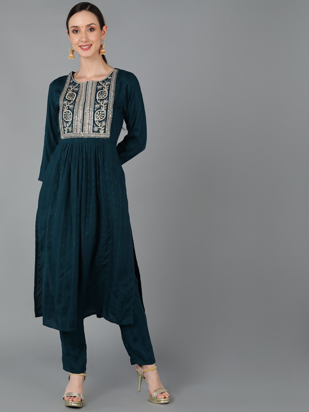 

AHIKA Women Floral Yoke Design Pleated Sequinned Kurta with Trousers, Teal