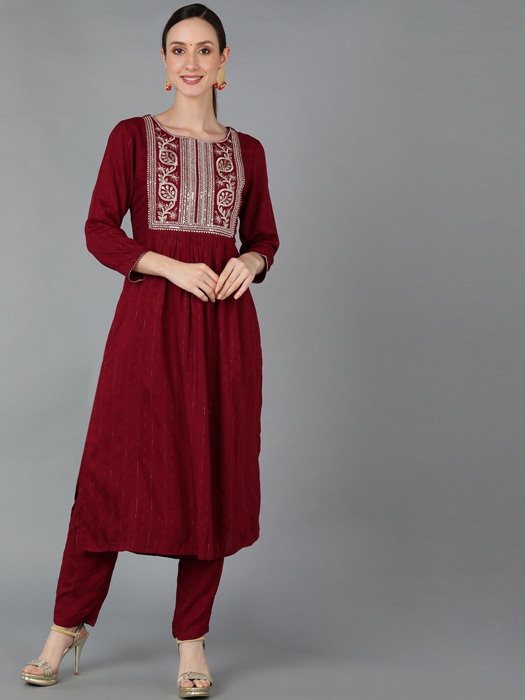 

AHIKA Women Floral Yoke Design Pleated Sequinned Kurta with Trousers, Maroon